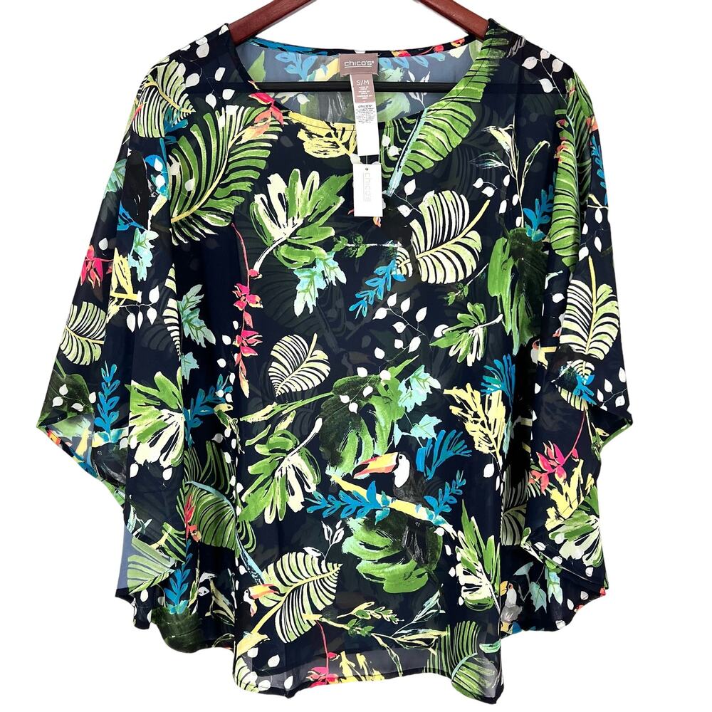 NEW NWT Chicos 0/1 Small/Medium Sheer Tropical Kimono Style Blouse Shirt Top